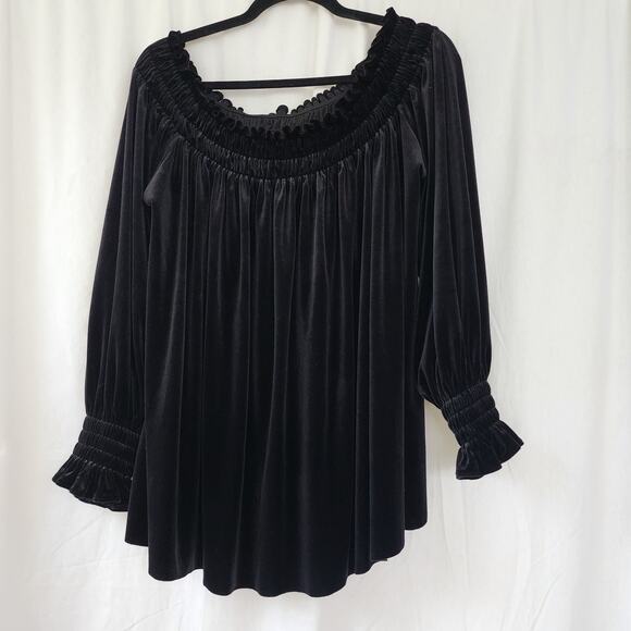 Norma Kamali Velvet Off-Shoulder Peasant Top, S Black slouchy oversized tunic - Picture 8 of 10